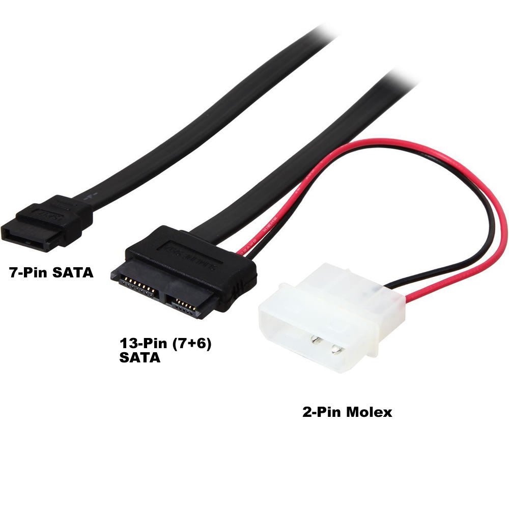 20" (20-Inch) Slimline SATA 13-Pin (7+6) to SATA 7-Pin with Molex Power Adapter Cable