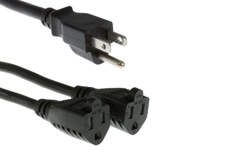 Power Splitter Y Extension Cord 16AWG NEMA 5-15P to Two 5-15R UL Listed (14", 36", 72")