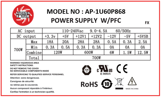 Athena Power AP-1U60P868 600W 1U single power supply certified to UL/TUV 62368-1 Safety