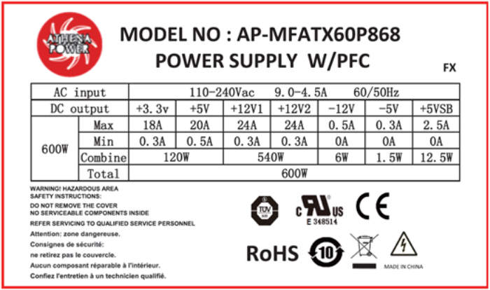 Athena Power AP-MFATX60P868 FLEX ATX 600W Server Power Supply UL/TUV 62368-1 Safety Compliance Certified