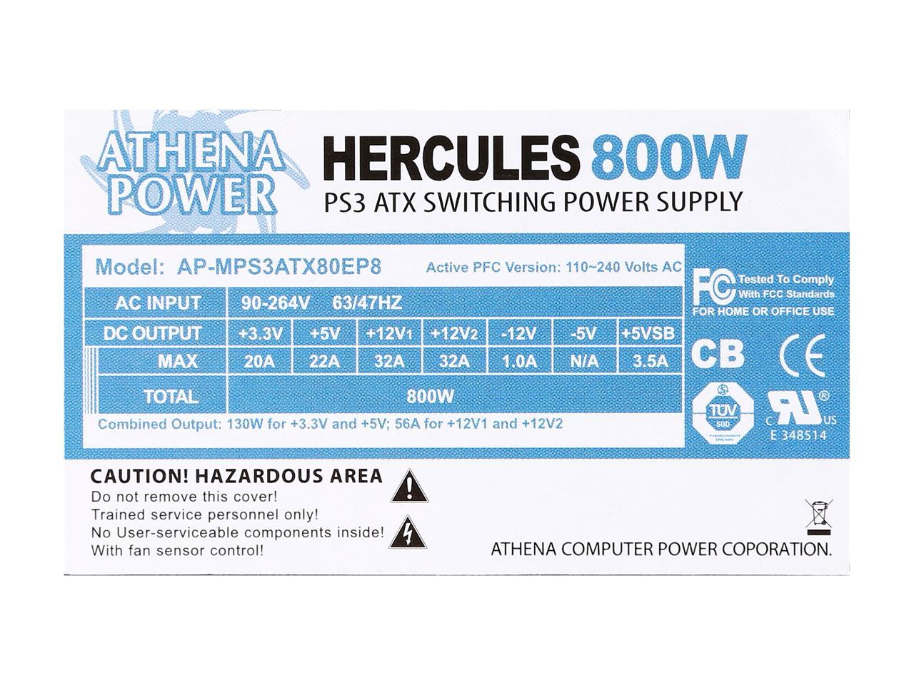 Athena Power AP-MPS3ATX80EP8 800W MicroPS3 (118mm Length)/PS2 Single EPS12V/ATX12V IPC Server Power Supply 80PLUS Bronze ActivePFC