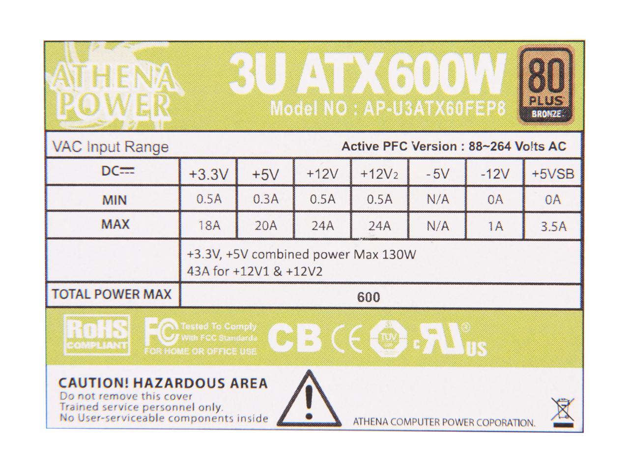 Athena Power AP-U3ATX60FEP8 20+4Pin 3U Power EPS-12V 600W, Support D300, D300L, 349R, 364R, 3055, RS316, E306, E3M16, CS833T, 300S 3U IPC case